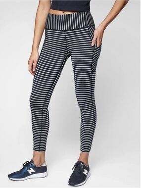 ATHLETA Contender Navy and White Striped High-Rise Leggings EUC 28” inseam